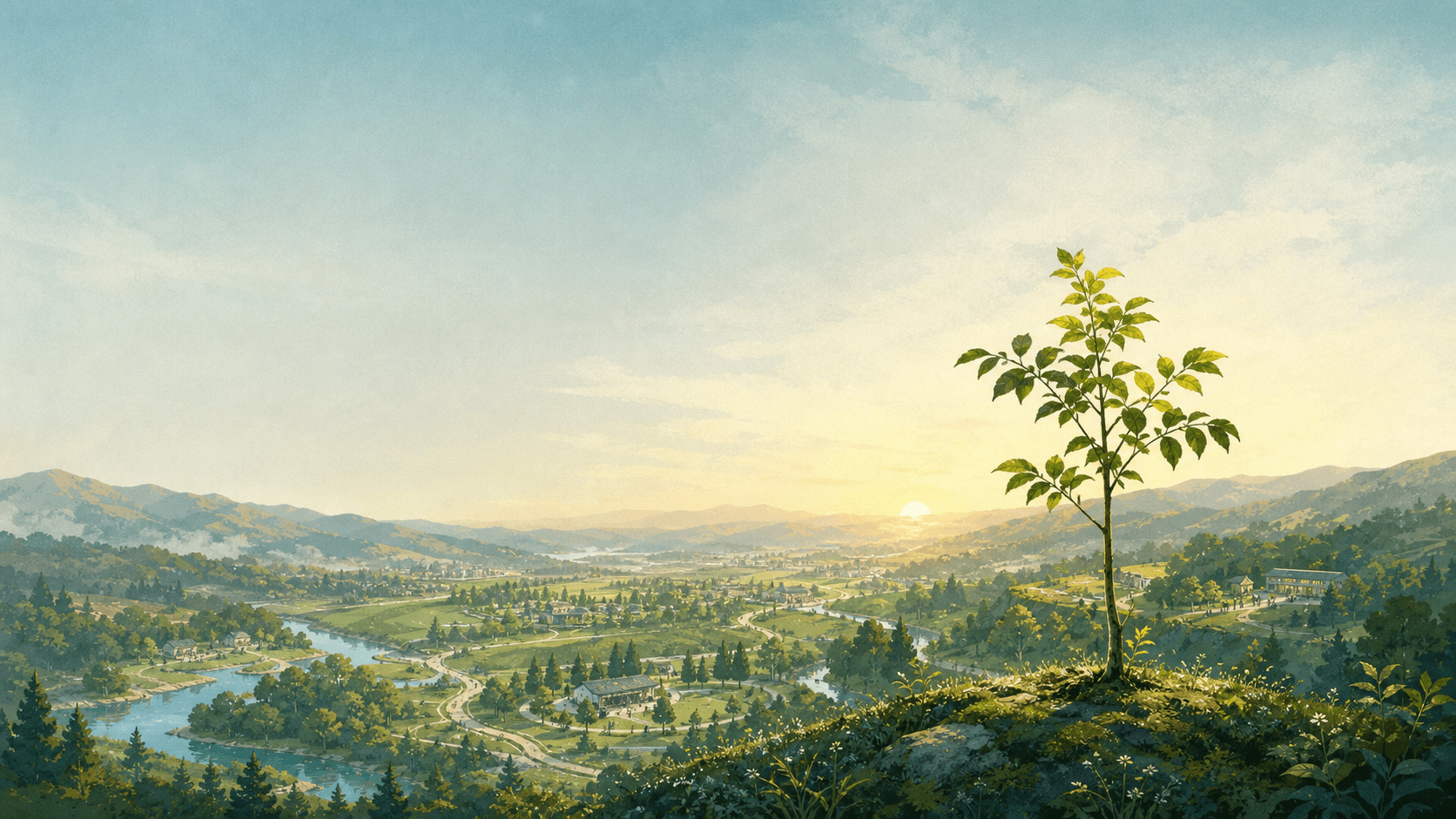 A young seedling on a hillside overlooking a valley town at sunrise